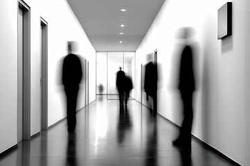 Blurred Figures Walking in Office Building Hallway in Black and White, urban office backdrop, motion blur Business concept, motion bokeh background