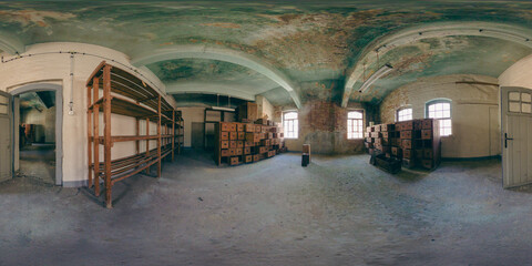 360-degree view of an abandoned pipe factory. Old furniture, workbenches, and decaying walls...