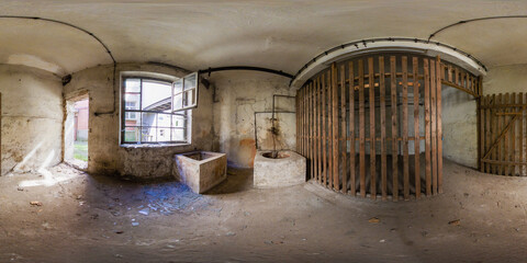 360-degree view of an abandoned pipe factory. Old furniture, workbenches, and decaying walls...