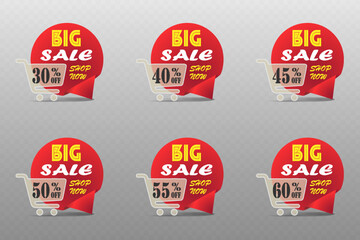 Big sale banner with shopping cart icon and red ribbon for online store promotion.