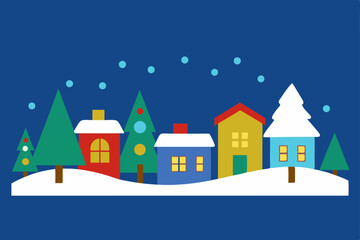 Fototapeta premium Charming Winter Village Scene Festive Houses, Snowy Landscape, and Christmas Trees