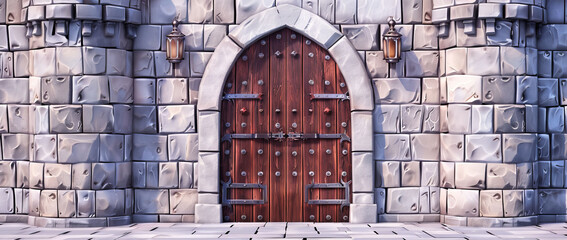 Cartoon 3D castle wall with wooden doors, white background, game backdrop style.