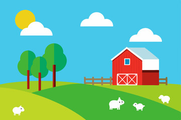 Naklejka premium Idyllic Farm Scene Red Barn, Green Hills, and Fluffy Sheep