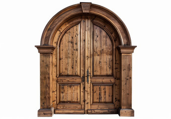 Beautiful wooden door with arched top, two panels, isolated on white, detailed photo.
