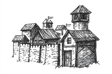 Ink drawing of medieval village, stone walls, wooden towers, white background, simple lines.