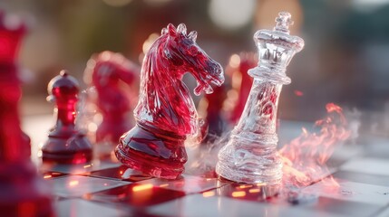 Dramatic Red and Black Chess Battle Scene