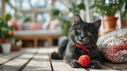 Elegant Black Cat with Red Ribbon Sitting Gracefully
