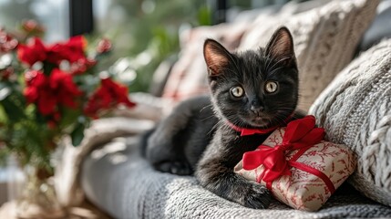Friendly Black Cat with Red Bow by Gift Package