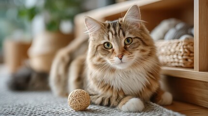 Fluffy Tabby Cat Sitting Near TV Stand