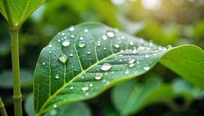 Lush green leaf covered with water droplets, close-up, for nature blogs, with copy space. Detailed close up shot of lush green leaf glistening with morning dew.