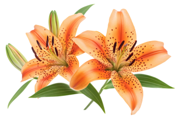 High-resolution vibrant orange tiger lilies isolated on transparent PNG background, ideal floral cutout for wedding invitations, sublimation prints, scrapbooking and digital design projects