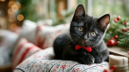 Friendly Black Cat with Red Bow Sitting Calmly