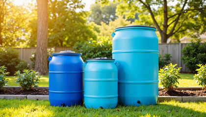 Rainwater harvesting barrels in a garden setting for sustainable living. Three blue plastic barrels collect rainwater for irrigation.