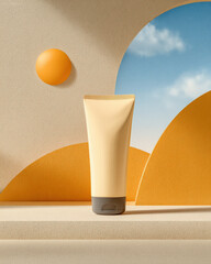 Sunscreen tube stands prominently against soft pastel background, featuring warm tones and abstract shapes that evoke sense of summer and protection. scene conveys feeling of tranquility