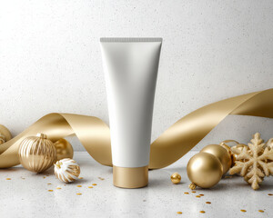 Sleek sunscreen tube is elegantly displayed among festive holiday decorations, including shiny gold ornaments and ribbons, creating cheerful and luxurious atmosphere