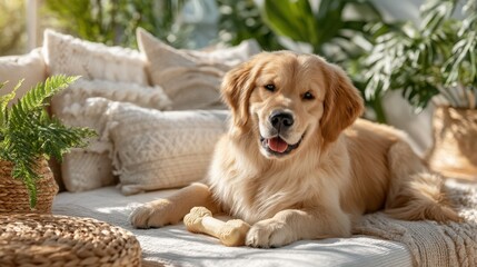 Proud Golden Retriever Sitting in Cozy Indoor Space