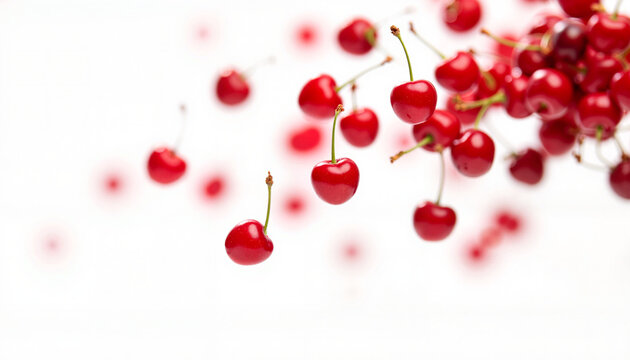 Scattered cherries levitating against white background with copy space. Cherries float in air creating vibrant composition.  Scattered cherries image perfect for food blogs, recipe websites