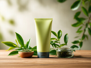 Natural skincare product tube surrounded by green tea leaves and bowl of green tea powder, creating fresh and organic atmosphere. This evokes sense of wellness and nature