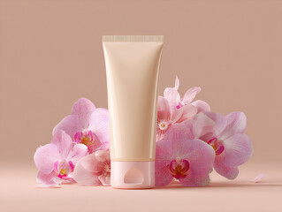 Skincare tube surrounded by delicate pink orchids creates serene and elegant composition, perfect for beauty and wellness themes. soft colors evoke sense of calm and freshness
