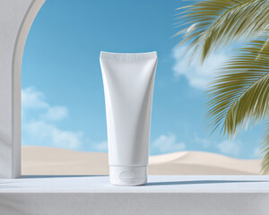 Sleek white tube of sunscreen gel is elegantly displayed against backdrop of clear blue sky and palm leaves, evoking sense of summer and relaxation