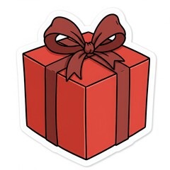 A red gift box with a dark red bow on top, presented as a sticker with a white outline around it