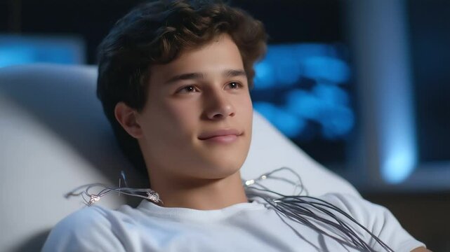 Young man undergoing EMG test with electrodes and muscle twitching