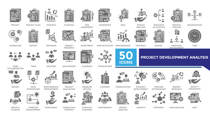 Project development analysis solid icon set collection. This set includes project plan,strategy,risk assessment,market research and more icons in solid style. Vector icons collection for infographics