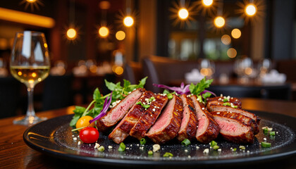Grilled sliced meat served with garnish in a restaurant setting, suitable for food blogs. This delicious grilled meat dish features perfectly sliced beef, fresh greens, cherry tomatoes