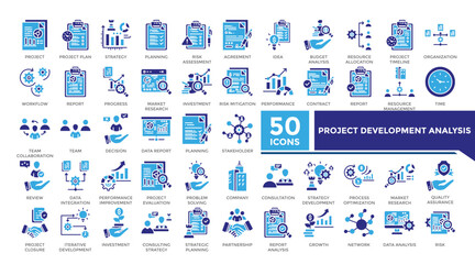 Project development analysis icon solid two color set collection. This set includes project plan,strategy,risk assessment,market research and more icons in solid style. Icon collection for infographic