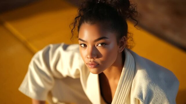 Young woman practicing judo throw with black belt on mat