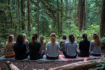 A group of women meditate together in a lush green forest setting. Perfect for wellness blogs, outdoor retreats, and mental health campaigns.