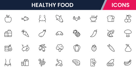 Vector illustration web line icon collection for healthy food: fruits, vegetables, grains, and nutritious meals in a vibrant, modern style.