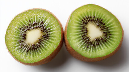 Fototapeta premium Fresh kiwi halves with vibrant green flesh and black seeds, showcasing nature's juicy perfection.