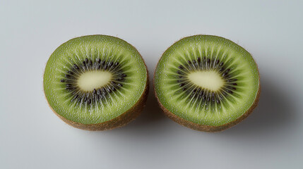 Fresh kiwi halves with vibrant green flesh and black seeds, showcasing nature's juicy perfection.