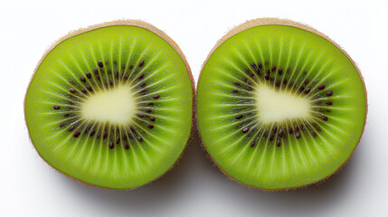Fototapeta premium Fresh kiwi halves with vibrant green flesh and black seeds, showcasing nature's juicy perfection.