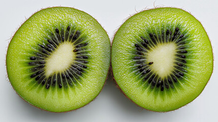 Fototapeta premium Fresh kiwi halves with vibrant green flesh and black seeds, showcasing nature's juicy perfection.