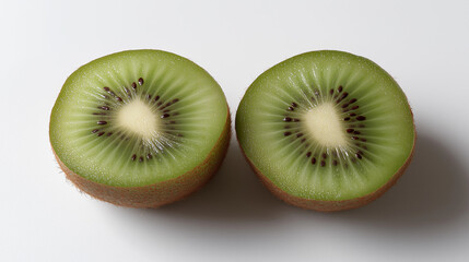 Fototapeta premium Fresh kiwi halves with vibrant green flesh and black seeds, showcasing nature's juicy perfection.