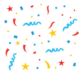 Colorful scattered confetti celebration background, a vibrant mix of red, blue, and yellow stars, dots, and streamers perfect for parties and festive events