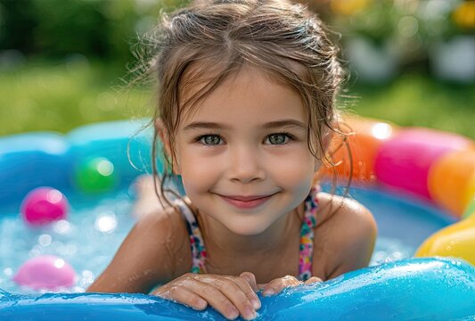 a happy little girl playing in a colorful inflatable pool with a water slide in the garden during summer vacation.
