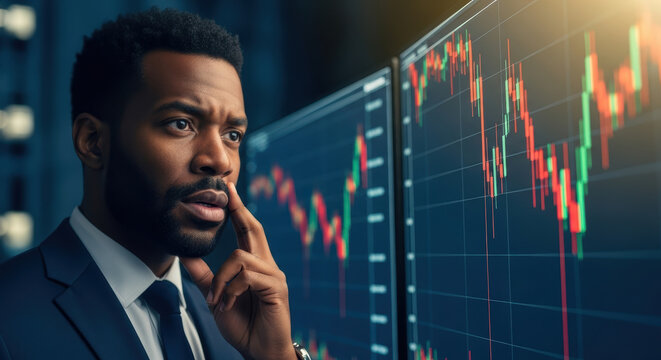Focused businessman analyzing fluctuating financial charts on digital screens in a modern office environment