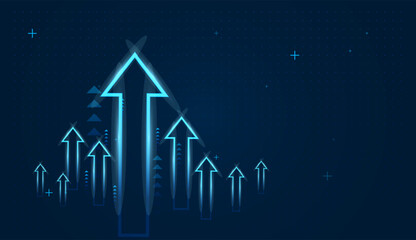 Naklejka premium Blue upward arrow alongside increasing numerical values, visually representing positive growth, progress, or success in metrics like sales, revenue, or performance