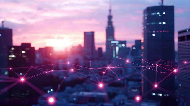A blurred cityscape at sunset, overlaid with a network of glowing connections