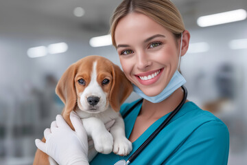 A beagle dog in the arms of a woman doctor at a veterinary clinic nearby