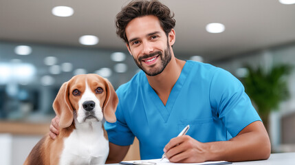 A beagle dog on a couch next to a man doctor in a veterinary clinic