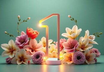 Number One Illuminated Display with Pastel Flowers