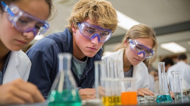High school students wearing safety goggles and lab coats conducting science experiments with colorful liquids in beakers during a laboratory class. - Powered by Adobe