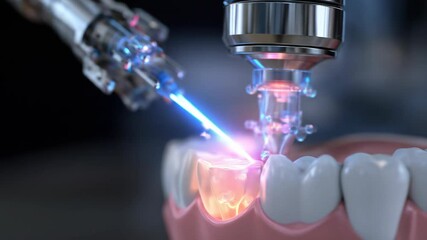 Robotic arm using laser technology to treat a tooth. Advanced dental procedure for oral health. Futuristic medicine footage. - Powered by Adobe