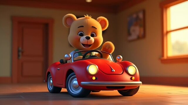 Cartoon teddy bear in toy red vehicle indoors
