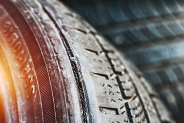 Close-up of damaged tire highlighting wear details
