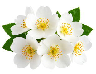 Fototapeta premium Bunch of white flowers with green leaves on transparent or transparent background 